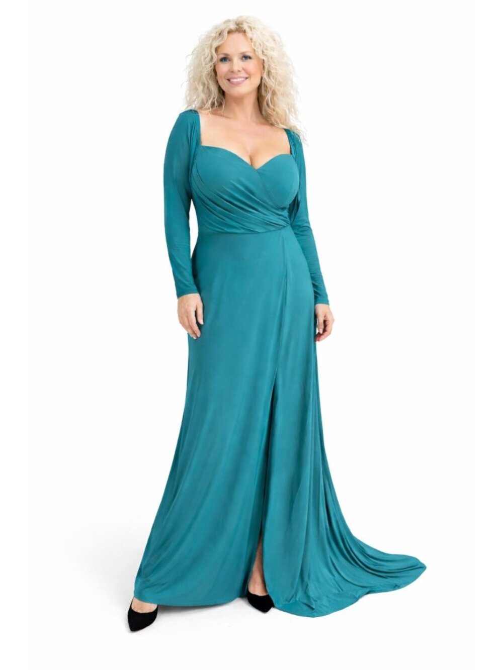 NEW Miss Ord XL Elegant Teal Long Sleeve Maxi Dress Soft Draped Design Evening
